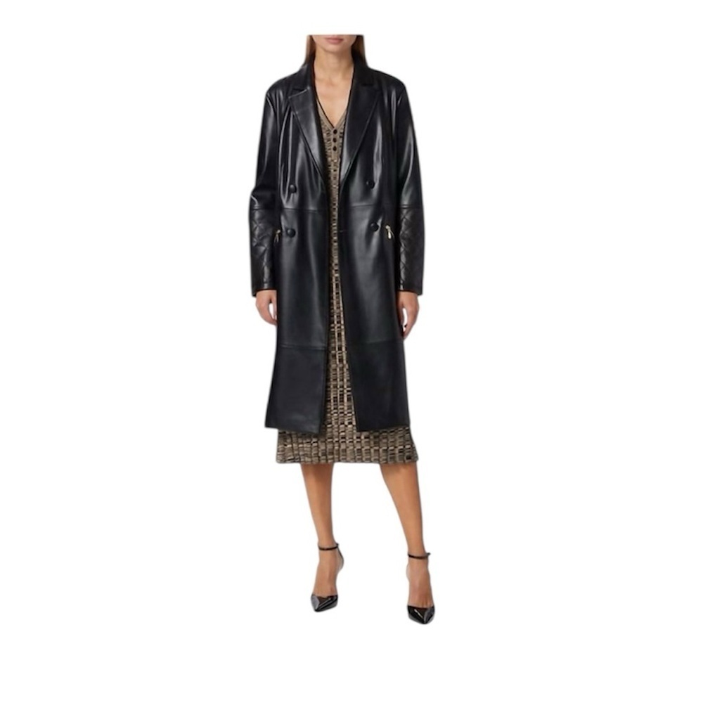 NWT Elie Tahari Dina Faux Leather Trench Coat In Black, Size 10